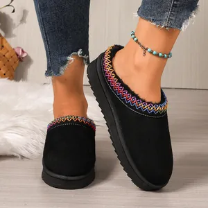 Close-up of black platform fur slippers with colorful embroidery and plush lining