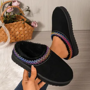 Close-up of women's black mules featuring colorful braided trim and cozy faux fur lining