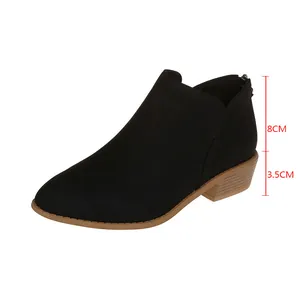 Detailed view of black pointed-toe ankle boots with heel height measurements.
