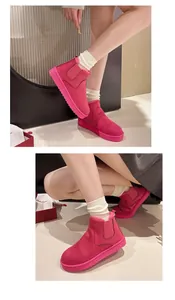 Close-up of hot pink fur-lined snow boots featuring thick soles and elastic side details
