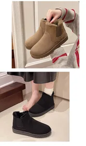 Women's warm snow boots in khaki and black with plush faux fur lining and thick soles.