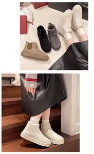 Detailed view of warm fur-lined snow boots featuring elastic side bands and thick soles.