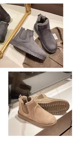 Warm winter snow boots with thick soles and soft faux fur lining in grey and beige