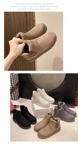 Detail view of warm faux fur snow boots in multiple colors with thick soles