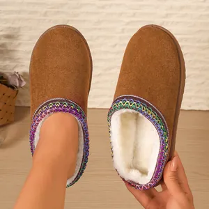 Cozy brown suede mules with white fleece lining and colorful embroidered trim details.