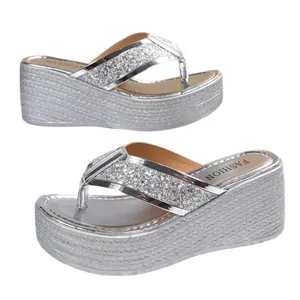 Glamorous silver glitter wedge flip-flops with comfortable platform sole for women