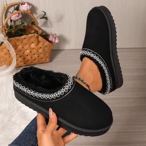 Detailed view of black suede slippers with plush faux fur lining and embroidered edges