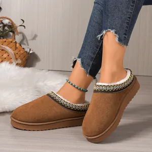 Detail view of brown suede slippers with embroidery worn on a white shaggy rug surface