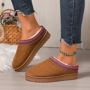 Winter Women Casual Suede Mules With Faux Fur Lining Soft Bottom Warm Plush Slippers Ethnic Embroidery Plus Size Shoes