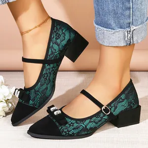 Elegant pointed toe Mary Janes with teal lace overlay, chunky heel, and decorative bow.