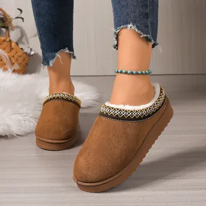 Cozy brown suede faux fur lined slippers with patterned trim for winter comfort and style