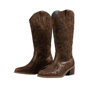 Vintage brown Western mid-calf boots with floral embroidery and chunky block heels
