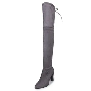 Gray suede pointed toe thigh high boot with chunky high heel and back tie