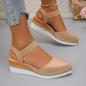 Elegant ladies' pointed toe wedge sandals with espadrille platform and elastic ankle strap