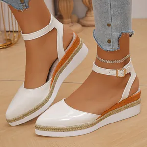 Elegant white closed-toe wedge sandals with 7cm hemp rope platform and ankle strap