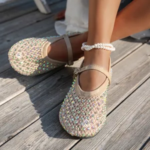 Elegantes zapatos planos Mary Jane para mujer con malla y brillantes piedras de strass