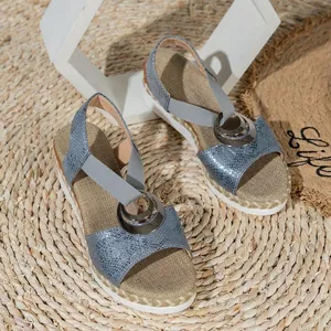 Detailed view of women's blue snakeskin wedge sandals with metallic ring and elastic straps
