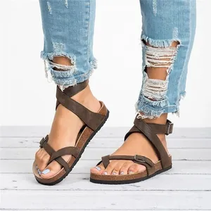 Women's Roman Style Flat Cork Sandals Summer Toe Loop Crisscross Strap Adjustable Buckle PU Leather Beach Sandals Large Size