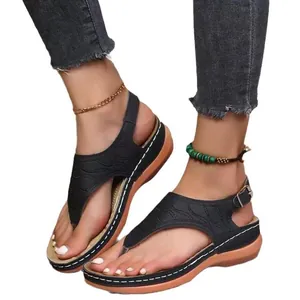 Schwarze Damen-Zehentrenner-Sandalen mit Stickerei und verstellbarem Knöchelriemen