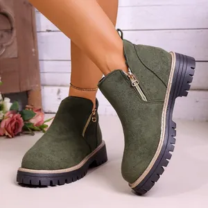 Stylish dark green suede platform ankle boots for women featuring a gold zipper detail.