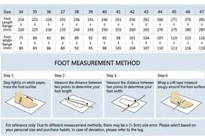 Tableau des tailles de chaussures et guide de mesure pour mocassins en daim, tailles 34 à 47