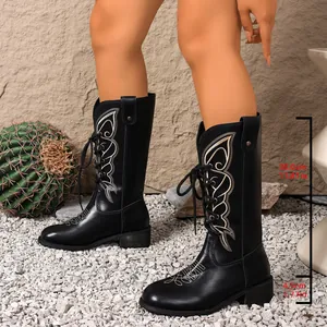 Detail of black vintage embroidered Western boots with 30cm height and block heel measurements.