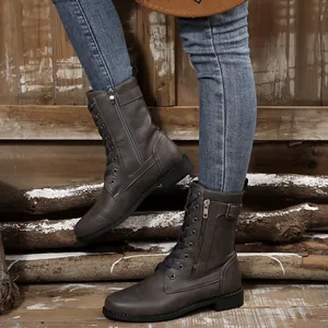 Dunkelgraue Damen-Stiefeletten mit Schnürung und praktischem Seitenreißverschluss