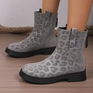 Elegant grey leopard print ankle boots with thick platform soles and back zipper