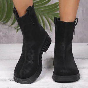 Stylish vintage leopard print platform ankle boots with round toe and back zipper design