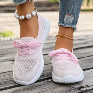 Breathable pink mesh slip-on walking shoes for women with comfortable flat soles