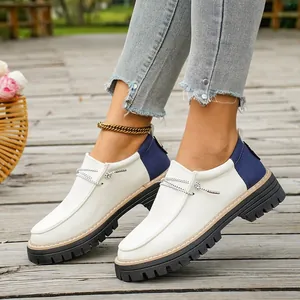 Mocassins patchwork en toile pour femmes avec semelles crantées noires épaisses dehors