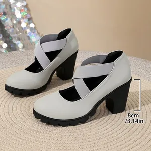 Retro Mary Jane high heels with chunky heel and elastic straps in light gray color