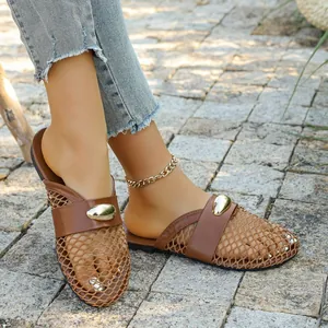 Elegant brown mesh breathable flat mules featuring a stylish gold metallic buckle detail