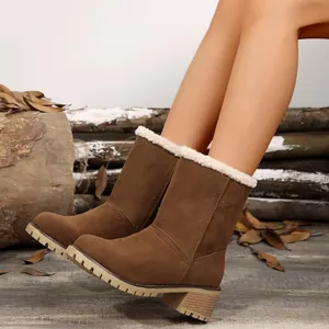 Stylish brown faux suede winter boots for women featuring cozy white faux fur trim detail