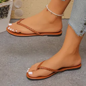 Stylish woven strap flip-flops for women, brown flat sandals for summer beach outings