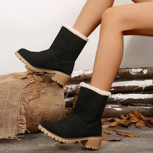 Women's Winter Retro Suede Fur-Trimmed Snow Boots Warm Fleece Lined Chunky Heel Anti-Slip Short Boots Large Size Fashion Winter Footwear