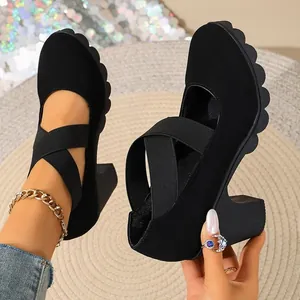 Retro black Mary Jane shoes with thick high heels and cross elastic straps for women