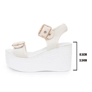 Detailed side view of white platform wedge sandal showing 8.5cm heel height measurement