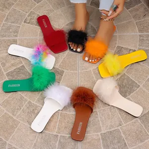 Women's Summer Fashion Faux Fur Flat Slides Sweet Solid Color Square Toe PU Rubber Non-Slip One-Strap Slippers For Outdoor Daily