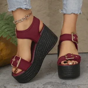 Stylish burgundy platform wedge sandals with straw weave heels and gold buckles