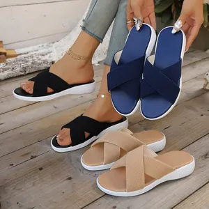 Women's platform slippers with cross mesh straps in black blue and beige colors