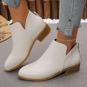 Bottines blanches élégantes à bout pointu, talon épais et fermeture éclair à l'arrière