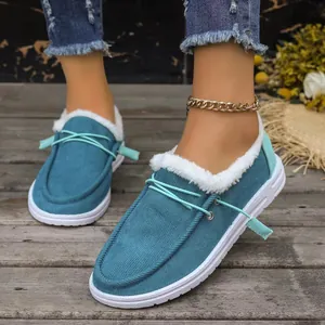 Detail of women's warm teal loafers with white faux fur lining and thick white sole