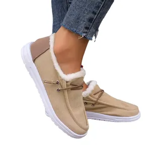 Comfortable warm women's beige plush lined platform loafers with corduroy upper material
