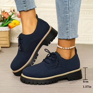 Close-up of navy blue suede platform loafers showing the 4cm heel height measurement