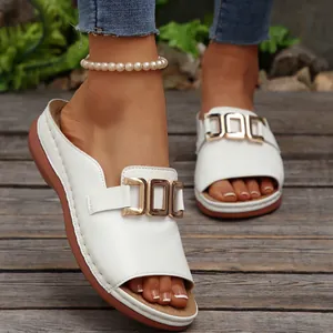 Elegant white wedge open-toe sandals with gold metal buckle decoration for beach wear