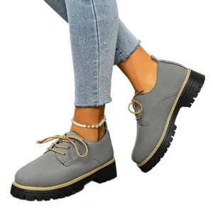 Women's chic gray lace-up Oxford shoes with chunky black square mid-heels