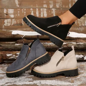 Women Round Toe Side Zipper Martin Boots Chunky Thick Heel Ankle Boots Faux PU Leather Solid Leopard Print Autumn Winter Outdoor Casual Shoes