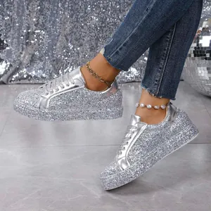 Women Sequin Casual Sneakers Flat Round Toe Lace-Up Low-Top Fashion Metallic Shiny Sparkly Walking Shoes Plus Size 35-43