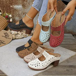 Women Laser Cut Hollow Out High Heel Mules Sandals Vintage Bohemian Square Thick Heel Closed Toe Slippers Summer Shoes